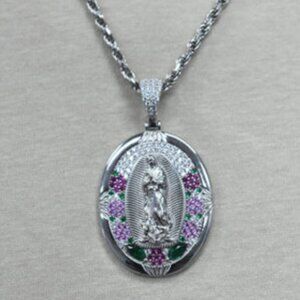 Sterling Silver 925 Rhodium Plated Our Lady of Guadalupe CZ Iced Out Pendant